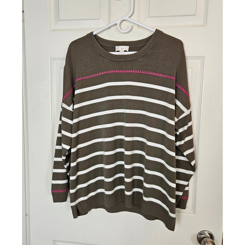 Belle by Kim Gravel Sweater XL Olive Green White Crewneck Striped Relaxed Indie
